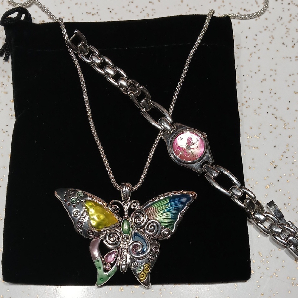 Butterfly Pendant Necklace & Watch Set